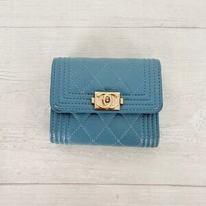 Chanel Boy Flap Wallet Light Blue Caviar Leather Gold Hardware Quilted Authentic